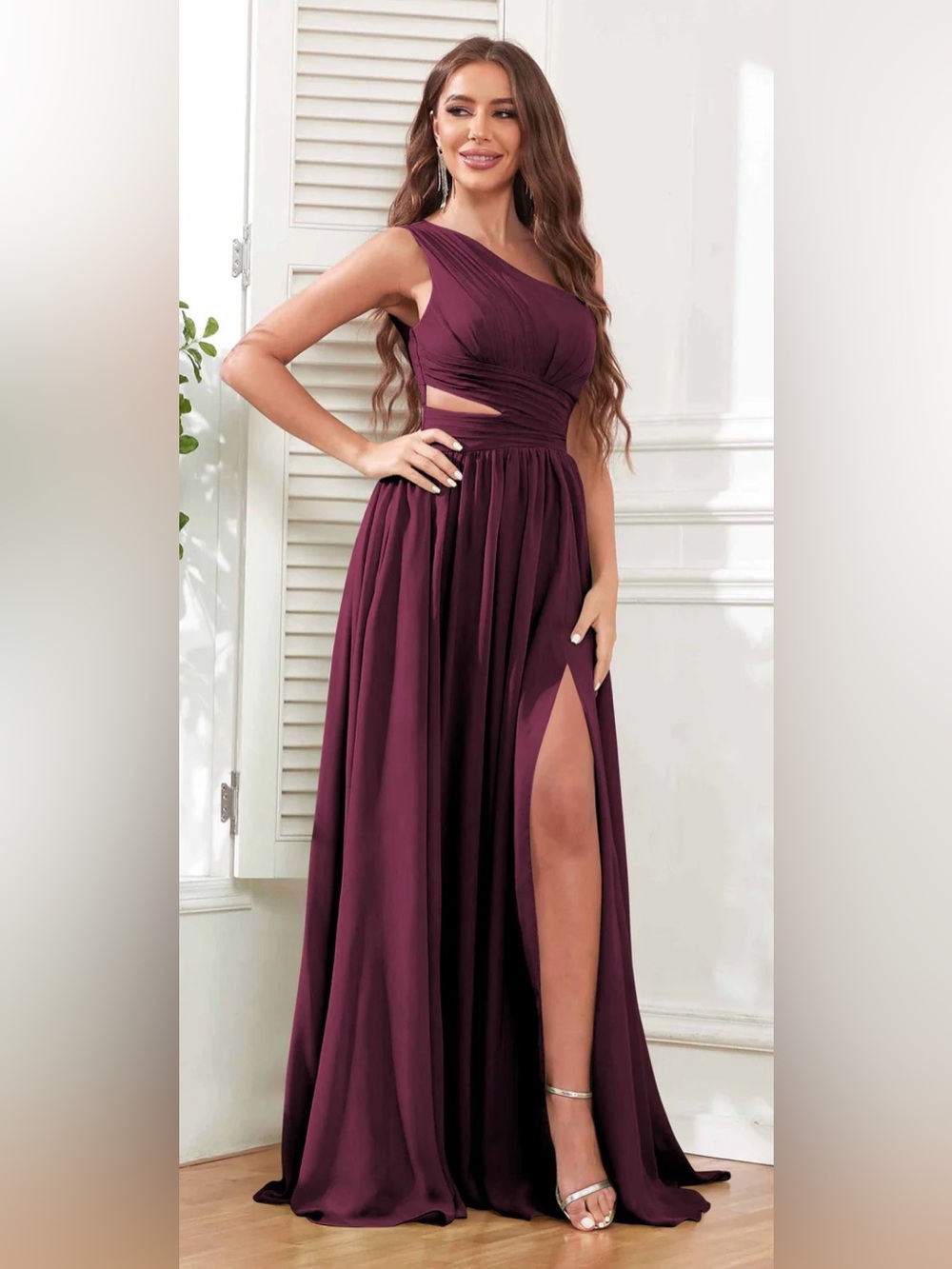 Pomuyoo One Shoulder Cutout Waist Ruched Chiffon Purple Bridesmaid Dress Sz. 16W
